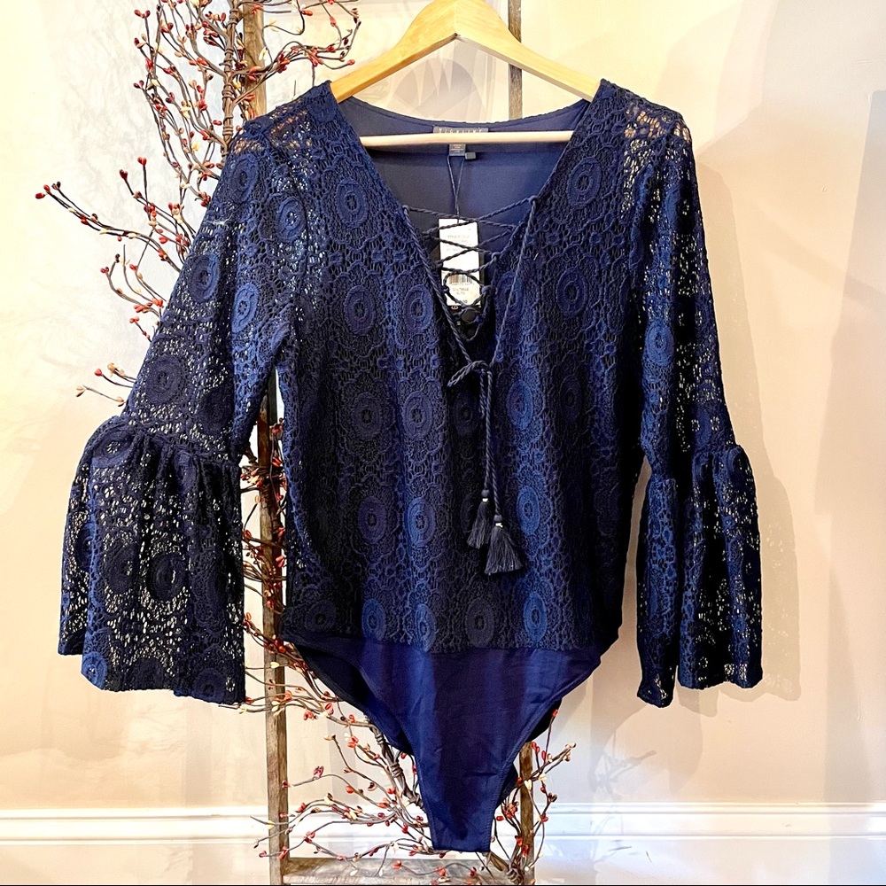 Highline Collective long sleeve navy blue lace bodysuit size XL